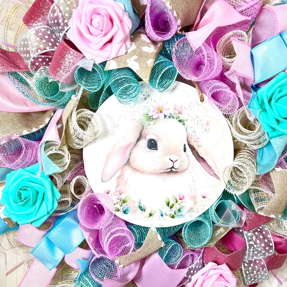 Handmade Spring or Easter Bunny Prelit Ribbon Wreath 22 in LED W22